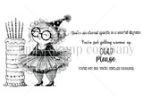 Unity Stamp Co red rubber stamp set showing a fabulous older woman in a tutu and party hat beside a tall birthday cake, with sentiments like 'You're not old, you're vintage fabulous.'