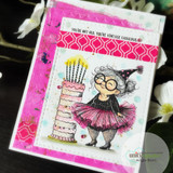 Handmade birthday card with the tutu-clad woman and stacked cake colored, on a pink frame, captioned 'You're not old, you're vintage fabulous.'