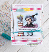 Bright confetti card with the tutu woman and candlelit cake, captioned 'You're not old, you're vintage fabulous.'