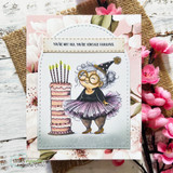 Pink floral card with the tutu-clad woman and birthday cake, captioned 'You're not old, you're vintage fabulous.'