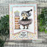 Polka-dot card with the tutu woman and cake, captioned 'Old? Please.'