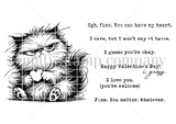 Unity Stamp Co red rubber stamp set by Lisa Arana showing a grumpy fluffy cat holding a heart, with sentiments like 'Fine. You matter. Whatever' and 'I love you, you're welcome.'
