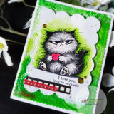 Scalloped card with the heart-holding grumpy cat on a bright green background and the 'I love you, you're welcome' sentiment.