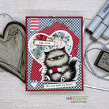 Blue gingham card with a floral heart and the grumpy heart-holding cat, captioned 'Ugh, fine. You can have my heart.'
