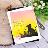 Sunset silhouette card of a dog in the grass with 'Rescue love is the best love.'