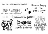 Rescue Tails & Happy Trails stamp set: pawprints with nine adoption sentiments including 'Rescue love is the best love.'