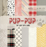 6x6 paper pack of dog-themed patterned papers - paw prints, plaids and soft florals - titled PUP-PUP, For the Love of a Dog.