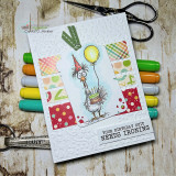 Card using the paper pack: a party chicken with a balloon and 'your birthday suit needs ironing.'