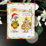 Card using the paper pack: two festive chickens with 'Flock yeah, it's Christmas!'