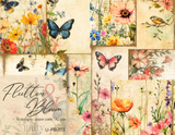 Flutter & Bloom A2 paper pack cover showing delicate wildflower and butterfly prints on soft vintage backgrounds