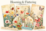 The Blooming & Fluttering ephemera pieces fanned out, showing the variety of wildflower tags and journaling cards for junk journals and cardmaking