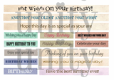 Sheet of printed birthday sentiment strips in assorted colors and fonts.