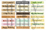 Sheet of printed birthday sentiment strips in assorted colors and fonts.