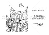 Line-art red rubber stamp of a cluster of tulips with a butterfly and "Happiness blooms from within."