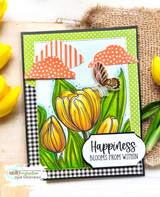 Card of yellow and pink tulips with a butterfly on gingham, "Happiness blooms from within."