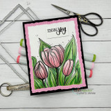 Card of green-washed tulips with "sending joy."