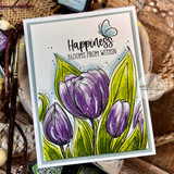 Card of purple tulips with a butterfly on a white panel.