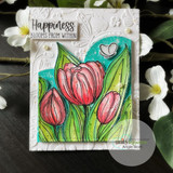 Textured teal card of pink tulips with "Happiness blooms from within."