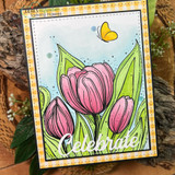 Sunny card of pink tulips with "Celebrate."