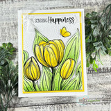 Yellow card of golden tulips with a butterfly and "sending Happiness."