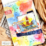 Bright mixed-media card with the colored rooster on a rainbow inky background