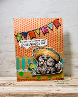 Handmade card with the sombrero cat and a fiesta banner, captioned 'Forget the birthday cake! It's meowgarita time!'