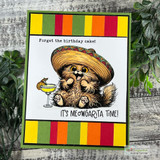 Bright striped fiesta card with the sombrero cat and margarita, captioned 'It's meowgarita time!'