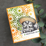 Orange floral card with the sombrero cat, captioned 'Fiesta Mode: On!'
