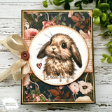 A card project showing Luna, a gentle lop-eared bunny, paired with the greeting "I'm here for you."