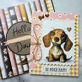 Card with the tan dachshund puppy on floral and gingham papers: 'so much happy.'