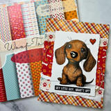 Card with the dachshund puppy over 'Woof' patterned papers: 'Hey little guy, what's up?'