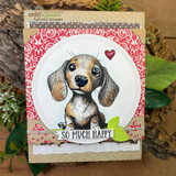 Card with the dachshund puppy in a circle over red patterned paper: 'so much happy.'