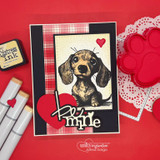 Red card with the dachshund puppy and a big heart die-cut 'be mine.'
