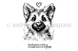 JaKob Rescue Tales stamp: a German Shepherd puppy portrait with a heart and 'Sending you a little courage and a lot of love.'