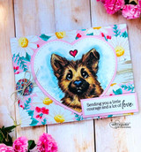 Floral heart-framed card of JaKob the German Shepherd puppy with the courage-and-love sentiment.