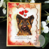 Red heart-trio card of JaKob on distressed parisian paper with the courage-and-love sentiment.