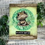 Green leafy circle card of Bruce on torn kraft with the hey-little-guy sentiment.
