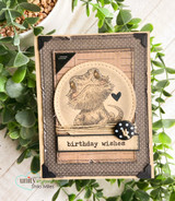 Birthday wishes card of sepia Bruce on black-and-kraft vintage panels.