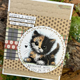 Kraft card with the calico kitten in a doily circle over paw-print paper: 'the world is brighter with you in it.'