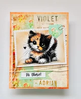 Vintage 'Violet' collage card with the calico kitten and 'Hi there!'