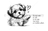 Beckham Rescue Tales red rubber stamp art — hand-sketched Shih Tzu puppy with hearts and love sentiment