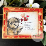 Red heart-patterned card of Beckham the puppy with floating hearts — 'the best kind of love is the kind that stays no matter what'