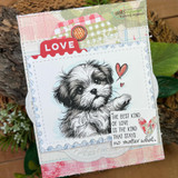 Pastel patchwork LOVE card with the sketched Shih Tzu puppy reaching toward a red heart