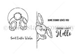 Line-art red rubber stamp set 'Fluff & Stuff' showing a waving bunny with a fluffy tail, by Jeanie Hays, with Easter sentiments 'Some bunny loves you' and 'sending a hoppy hello.'