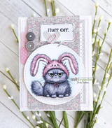 Handmade Easter card with the grumpy bunny-eared cat colored gray, captioned 'Fluff off.'