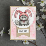 Pink card with the grumpy cat in bunny ears framed in a circle, captioned 'Fluff off.'