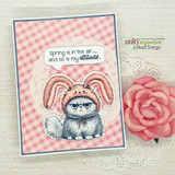 Pink gingham card with the grumpy bunny-eared cat, captioned 'Spring is in the air... and so is my attitude.'