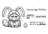 Unity Stamp Co red rubber stamp set showing a grumpy cat in pink bunny ears with an Easter egg, with sentiments like 'Fluff off' and 'Spring is in the air... and so is my attitude.'