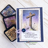 Navy framed twilight cross card with distress ink minis