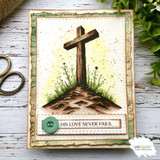 Sage-framed watercolor cross on the hill — His love never fails